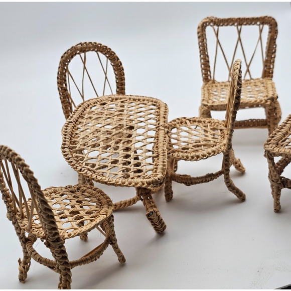 Dollhouse patio kitchen furniture bamboo look chairs bench rocker table mini - Picture 4 of 8